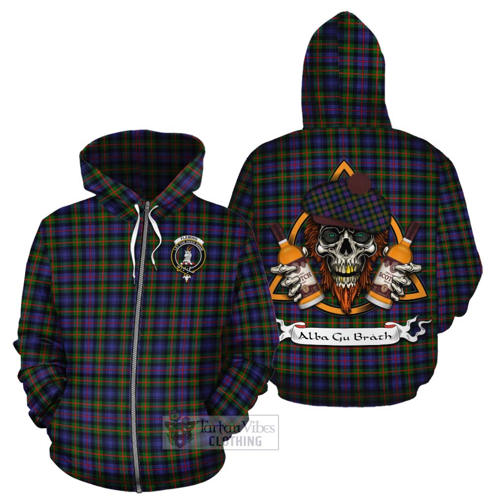 Tartan Vibes Clothing Fleming Tartan Cotton Hoodie with Family Crest and Bearded Skull Holding Bottles of Whiskey