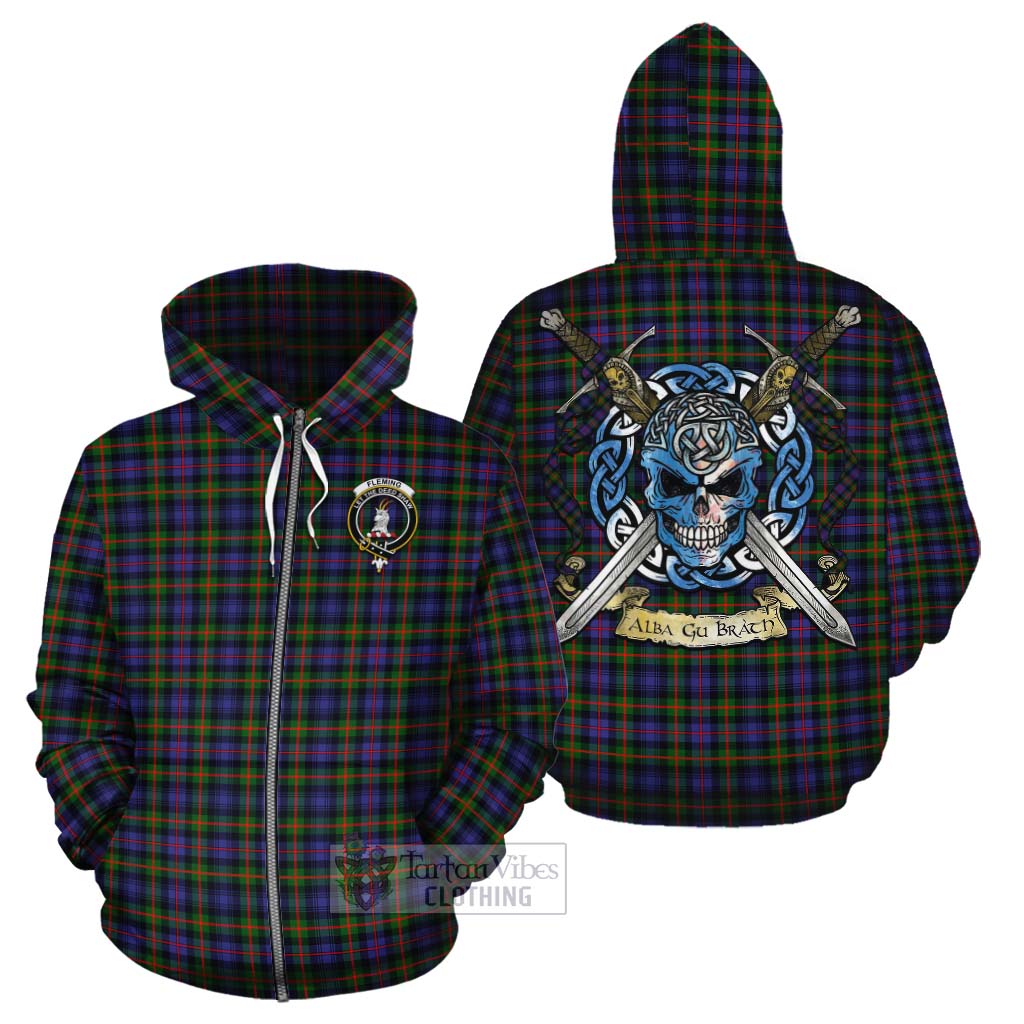 Tartan Vibes Clothing Fleming Tartan Cotton Hoodie with Family Crest Celtic Skull Style