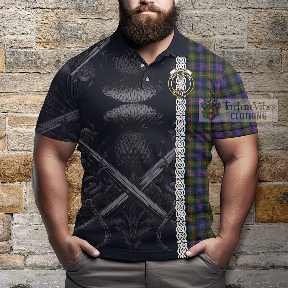 Fleming Tartan Polo Shirt with Family Crest Cross Sword Thistle Celtic Vibes - Tartan Vibes Clothing