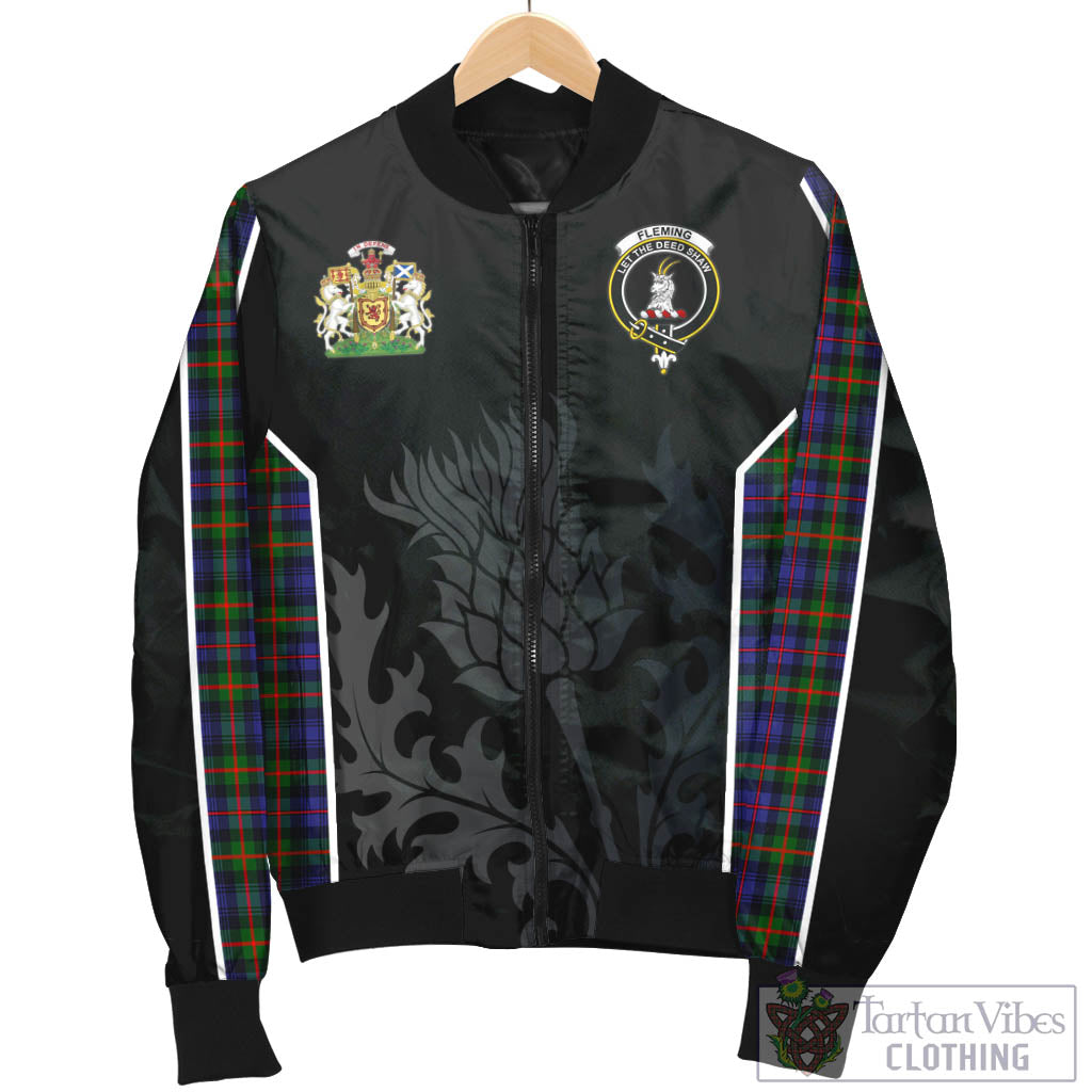 Tartan Vibes Clothing Fleming Tartan Bomber Jacket with Family Crest and Scottish Thistle Vibes Sport Style