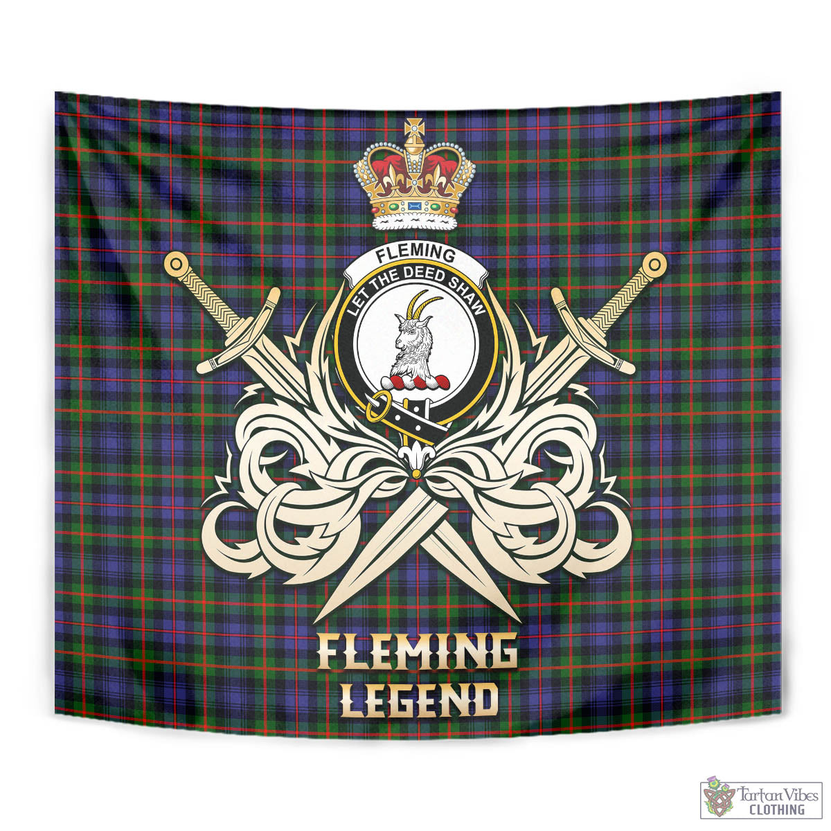 Tartan Vibes Clothing Fleming Tartan Tapestry with Clan Crest and the Golden Sword of Courageous Legacy