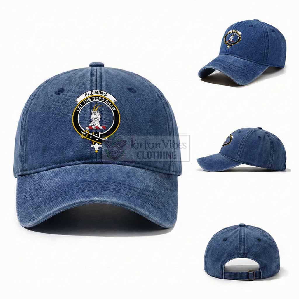 Fleming Scottish Clan Crest Washed Baseball Cap One Size (Adjustable) Royal Blue - Tartan Vibes Clothing
