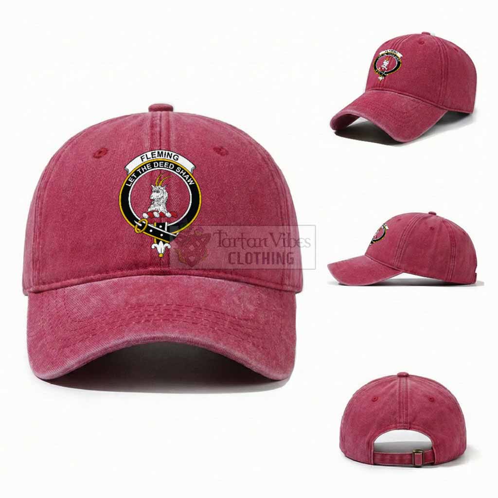 Fleming Scottish Clan Crest Washed Baseball Cap One Size (Adjustable) Red - Tartan Vibes Clothing