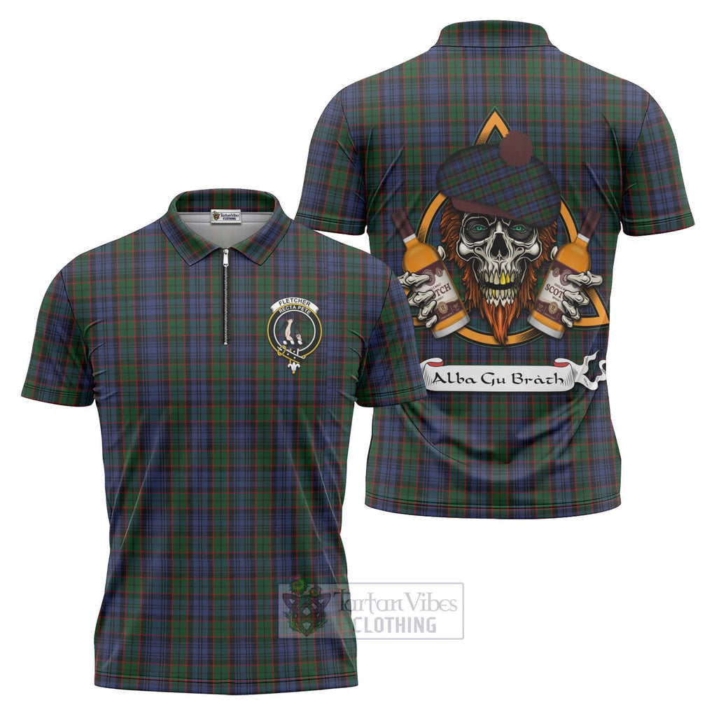 Tartan Vibes Clothing Fletcher Tartan Zipper Polo Shirt with Family Crest and Bearded Skull Holding Bottles of Whiskey