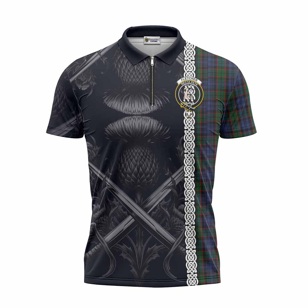 Tartan Vibes Clothing Fletcher Tartan Zipper Polo Shirt with Family Crest Cross Sword Thistle Celtic Vibes