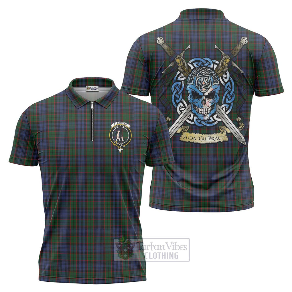 Tartan Vibes Clothing Fletcher Tartan Zipper Polo Shirt with Family Crest Celtic Skull Style