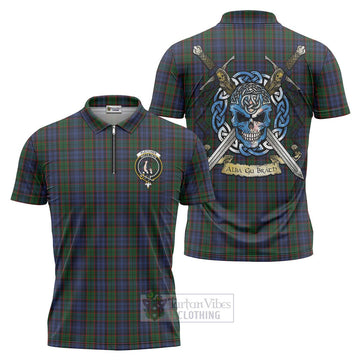 Fletcher Tartan Zipper Polo Shirt with Family Crest Celtic Skull Style