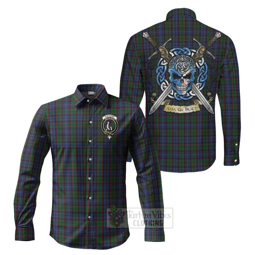 Tartan Vibes Clothing Fletcher Tartan Long Sleeve Button Shirt with Family Crest Celtic Skull Style