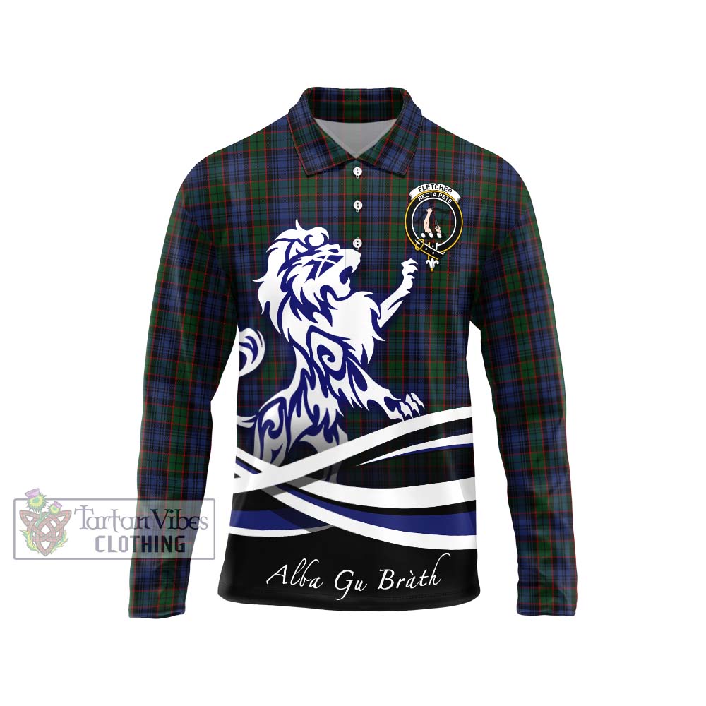 Fletcher Tartan Long Sleeve Polo Shirt with Alba Gu Brath Regal Lion Emblem Unisex - Tartanvibesclothing Shop