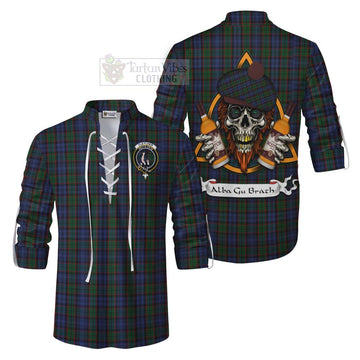 Fletcher Tartan Ghillie Kilt Shirt with Family Crest and Bearded Skull Holding Bottles of Whiskey