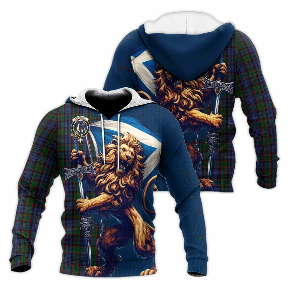 Tartan Vibes Clothing Fletcher Tartan Family Crest Knitted Hoodie with Scottish Majestic Lion