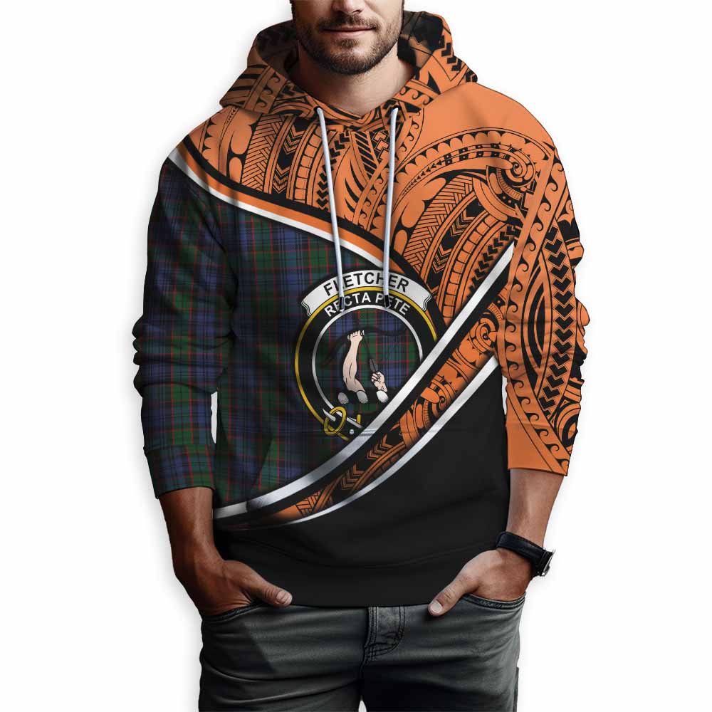 Tartan Vibes Clothing Fletcher Crest Tartan Hoodie with Maori Tattoo Style - Orange Version