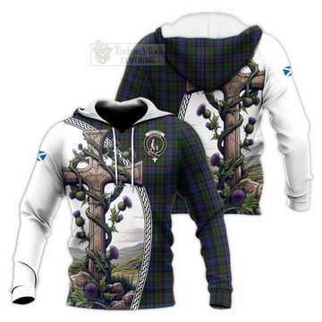 Fletcher Tartan Knitted Hoodie with Family Crest and St. Andrew's Cross Accented by Thistle Vines