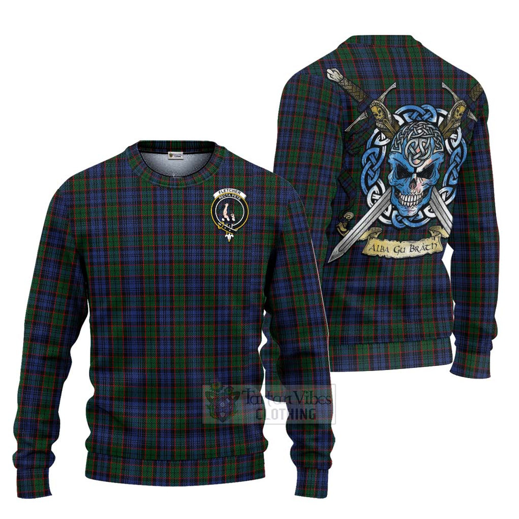 Tartan Vibes Clothing Fletcher Tartan Knitted Sweater with Family Crest Celtic Skull Style