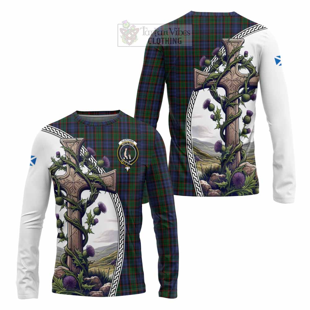 Tartan Vibes Clothing Fletcher Tartan Long Sleeve T-Shirt with Family Crest and St. Andrew's Cross Accented by Thistle Vines