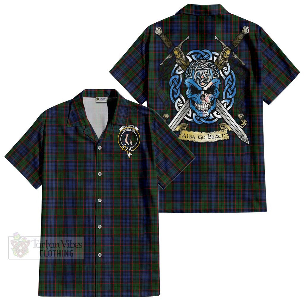 Tartan Vibes Clothing Fletcher Tartan Short Sleeve Button Shirt with Family Crest Celtic Skull Style