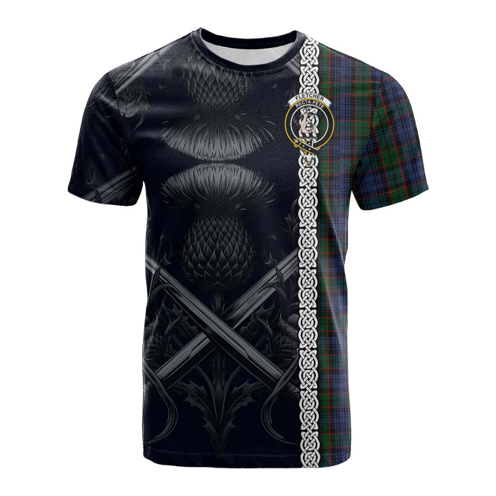 Tartan Vibes Clothing Fletcher Tartan Cotton T-shirt with Family Crest Cross Sword Thistle Celtic Vibes