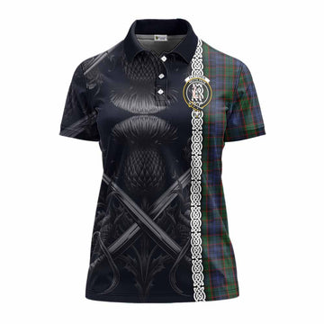 Fletcher Tartan Women's Polo Shirt with Family Crest Cross Sword Thistle Celtic Vibes