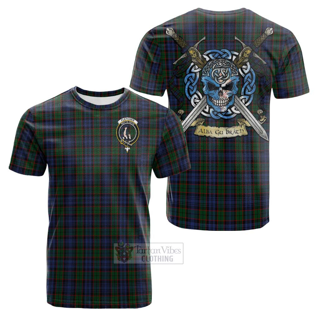 Tartan Vibes Clothing Fletcher Tartan Cotton T-shirt with Family Crest Celtic Skull Style