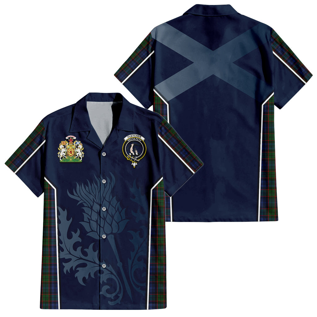 Tartan Vibes Clothing Fletcher Tartan Short Sleeve Button Up Shirt with Family Crest and Scottish Thistle Vibes Sport Style