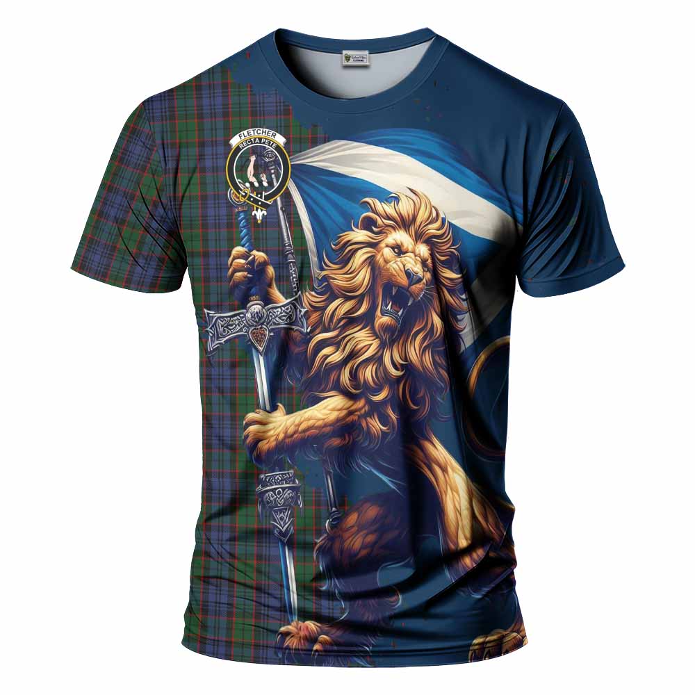 Tartan Vibes Clothing Fletcher Tartan Family Crest T-Shirt with Scottish Majestic Lion