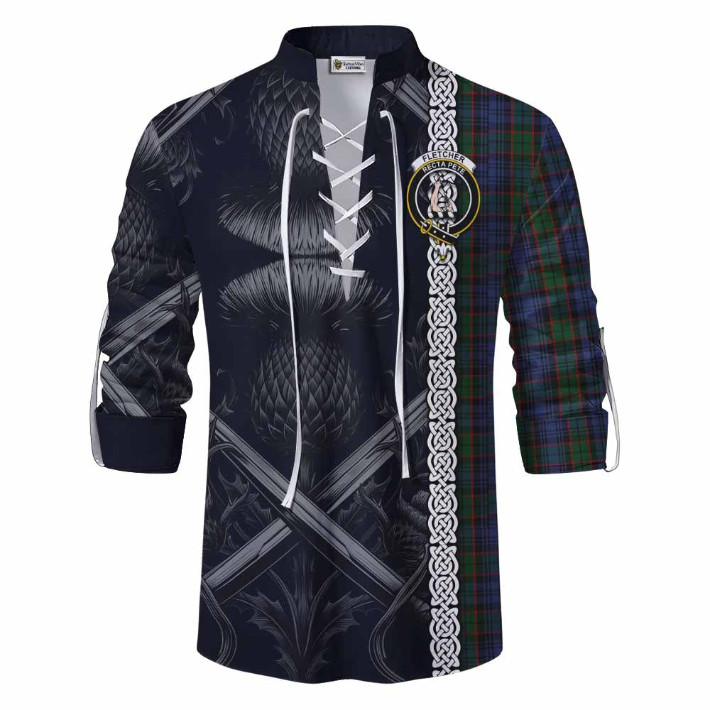 Tartan Vibes Clothing Fletcher Tartan Ghillie Kilt Shirt with Family Crest Cross Sword Thistle Celtic Vibes