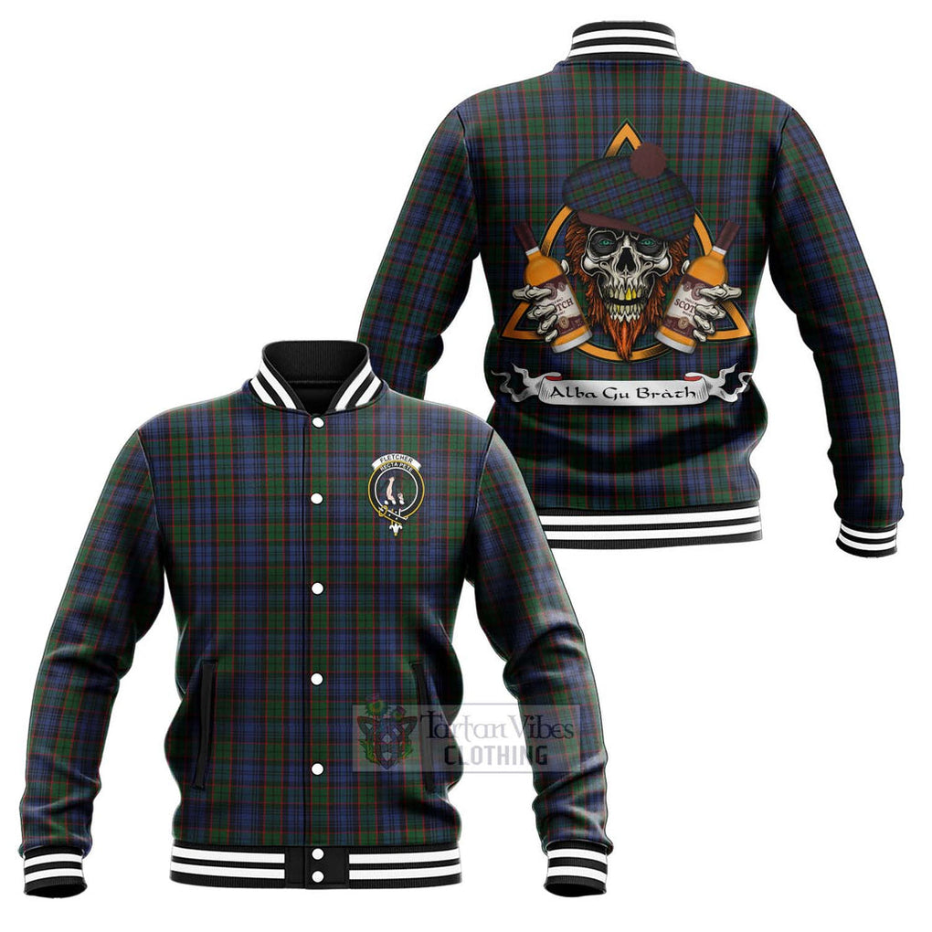 Tartan Vibes Clothing Fletcher Tartan Baseball Jacket with Family Crest and Bearded Skull Holding Bottles of Whiskey