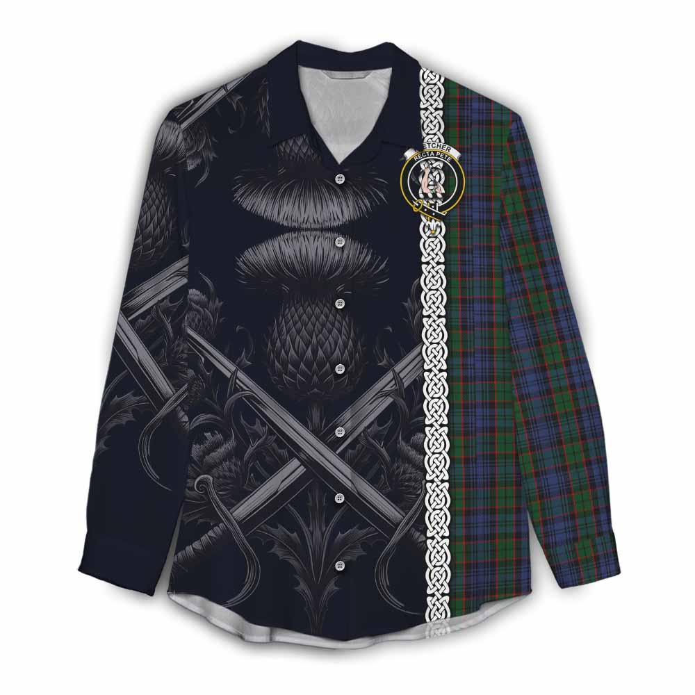 Tartan Vibes Clothing Fletcher Tartan Women's Casual Shirt with Family Crest Cross Sword Thistle Celtic Vibes