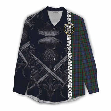 Fletcher Tartan Women's Casual Shirt with Family Crest Cross Sword Thistle Celtic Vibes