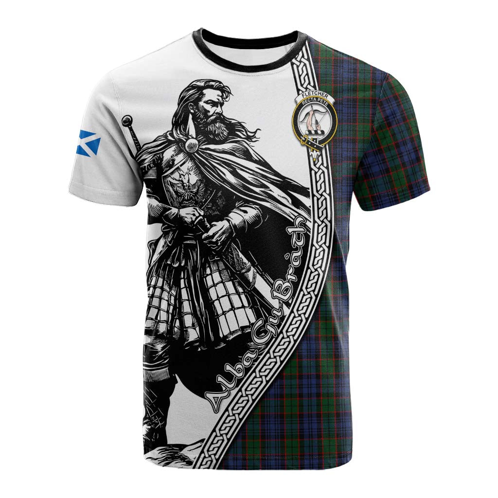 Fletcher Tartan Clan Crest Cotton T-shirt with Highlander Warrior Celtic Style