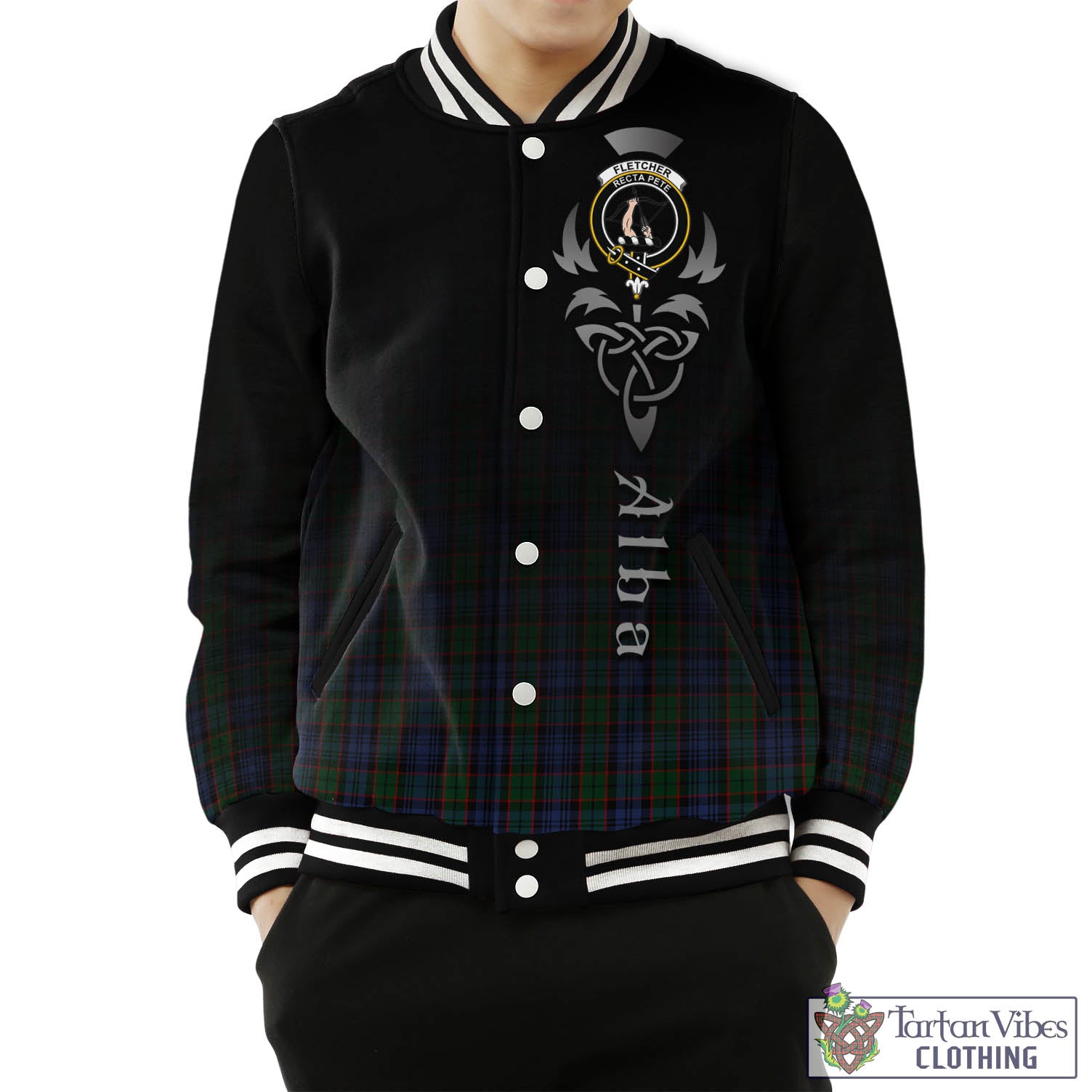 Tartan Vibes Clothing Fletcher Tartan Baseball Jacket Featuring Alba Gu Brath Family Crest Celtic Inspired