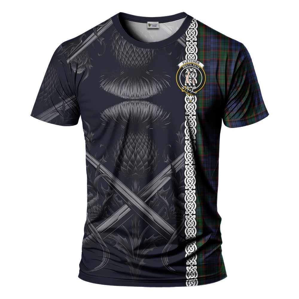 Tartan Vibes Clothing Fletcher Tartan T-Shirt with Family Crest Cross Sword Thistle Celtic Vibes