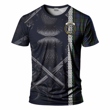 Fletcher Tartan T-Shirt with Family Crest Cross Sword Thistle Celtic Vibes