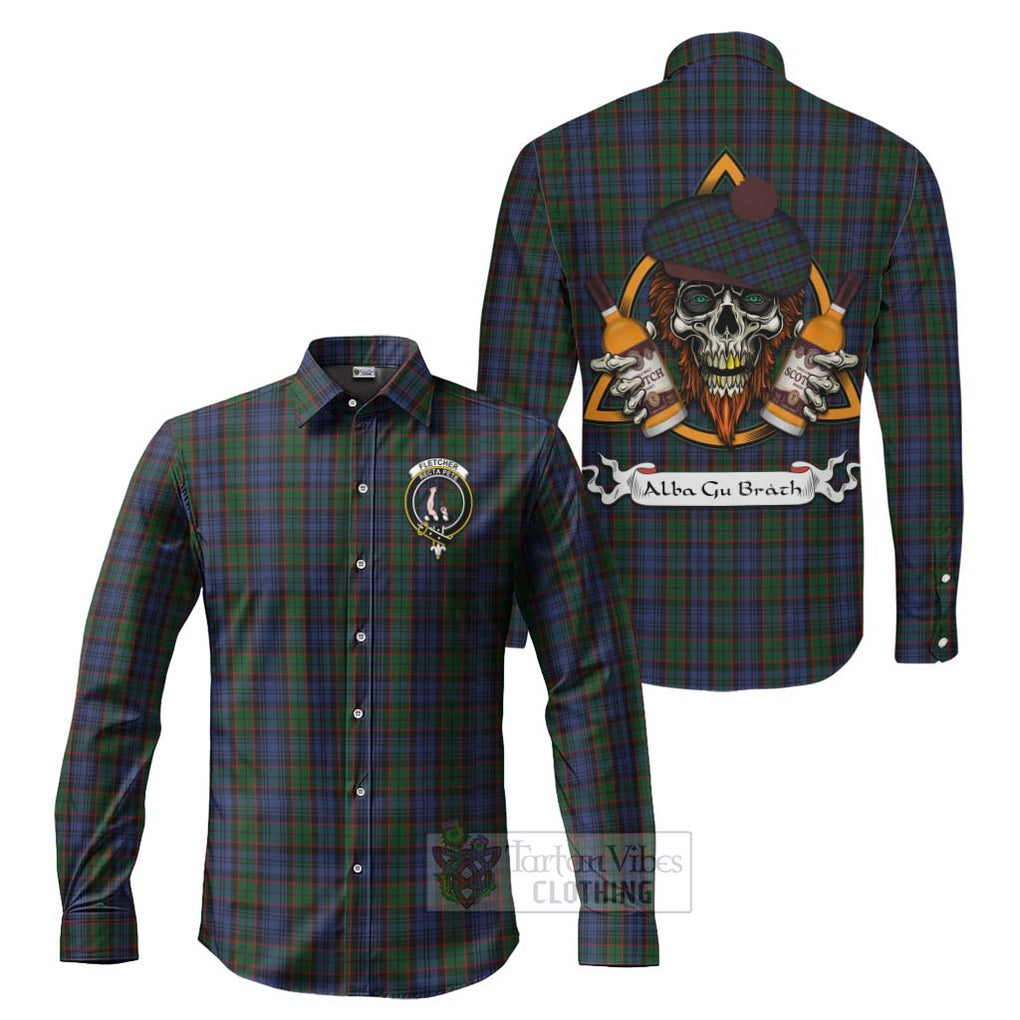 Tartan Vibes Clothing Fletcher Tartan Long Sleeve Button Shirt with Family Crest and Bearded Skull Holding Bottles of Whiskey