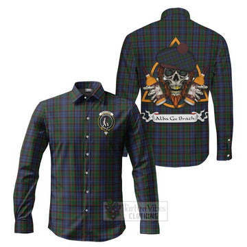 Fletcher Tartan Long Sleeve Button Shirt with Family Crest and Bearded Skull Holding Bottles of Whiskey