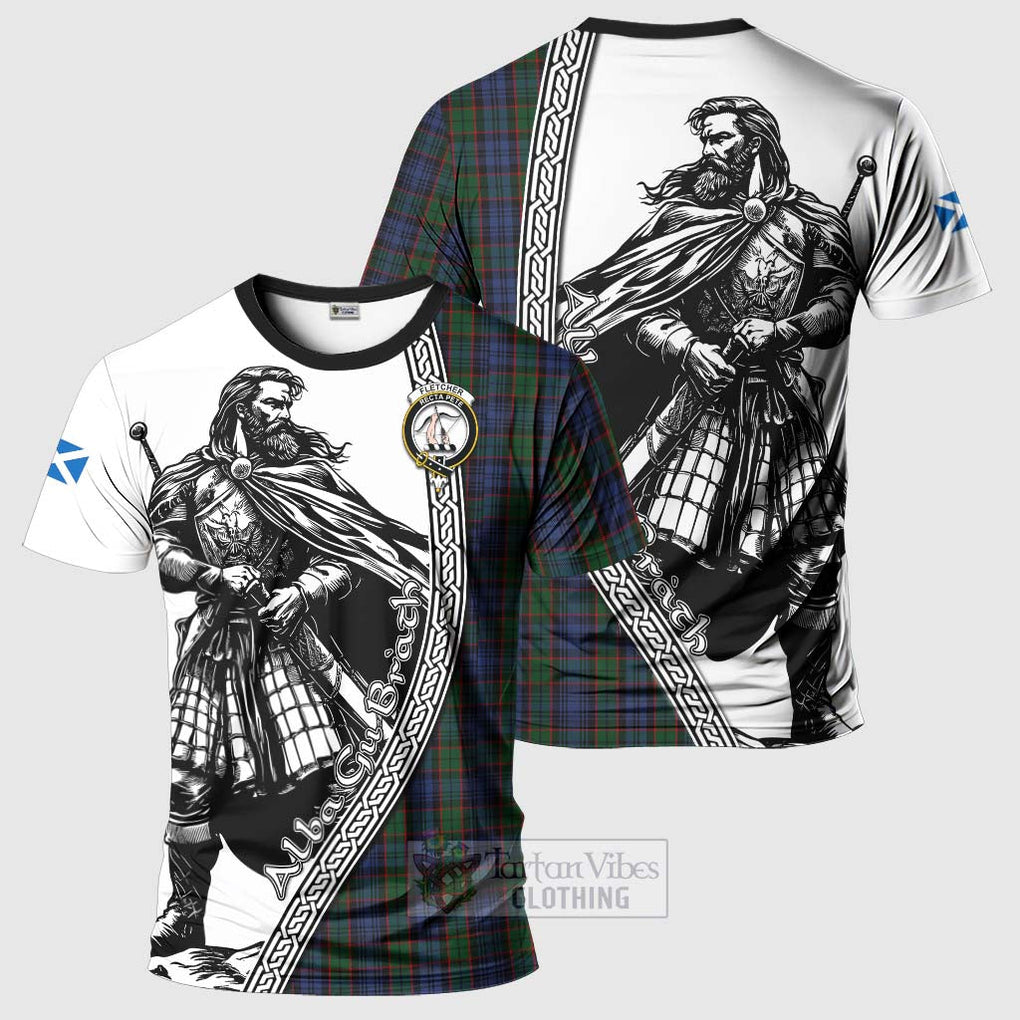 Tartan Vibes Clothing Fletcher Tartan Clan Crest T-Shirt with Highlander Warrior Celtic Style