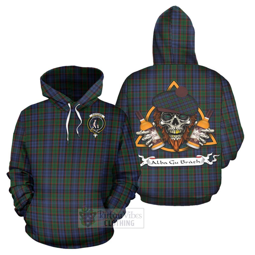 Tartan Vibes Clothing Fletcher Tartan Hoodie with Family Crest and Bearded Skull Holding Bottles of Whiskey