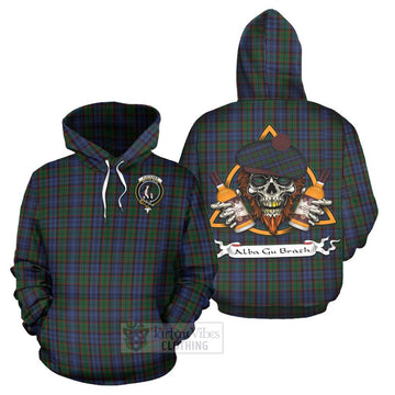 Fletcher Tartan Hoodie with Family Crest and Bearded Skull Holding Bottles of Whiskey