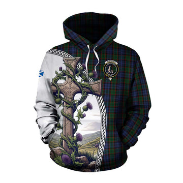 Fletcher Tartan Cotton Hoodie with Family Crest and St. Andrew's Cross Accented by Thistle Vines