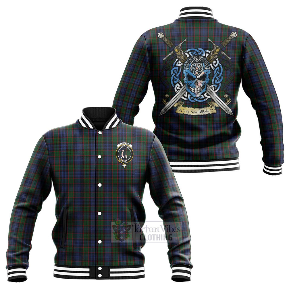 Tartan Vibes Clothing Fletcher Tartan Baseball Jacket with Family Crest Celtic Skull Style