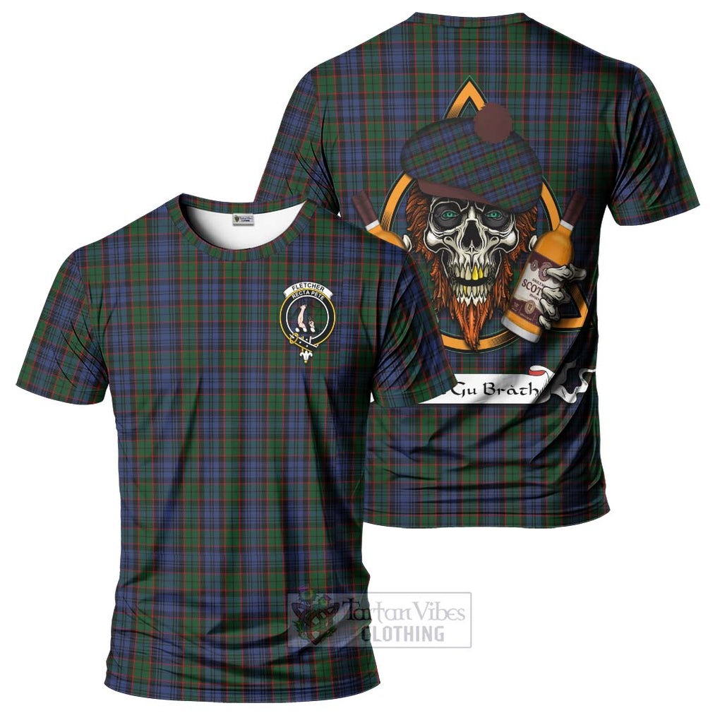 Tartan Vibes Clothing Fletcher Tartan T-Shirt with Family Crest and Bearded Skull Holding Bottles of Whiskey