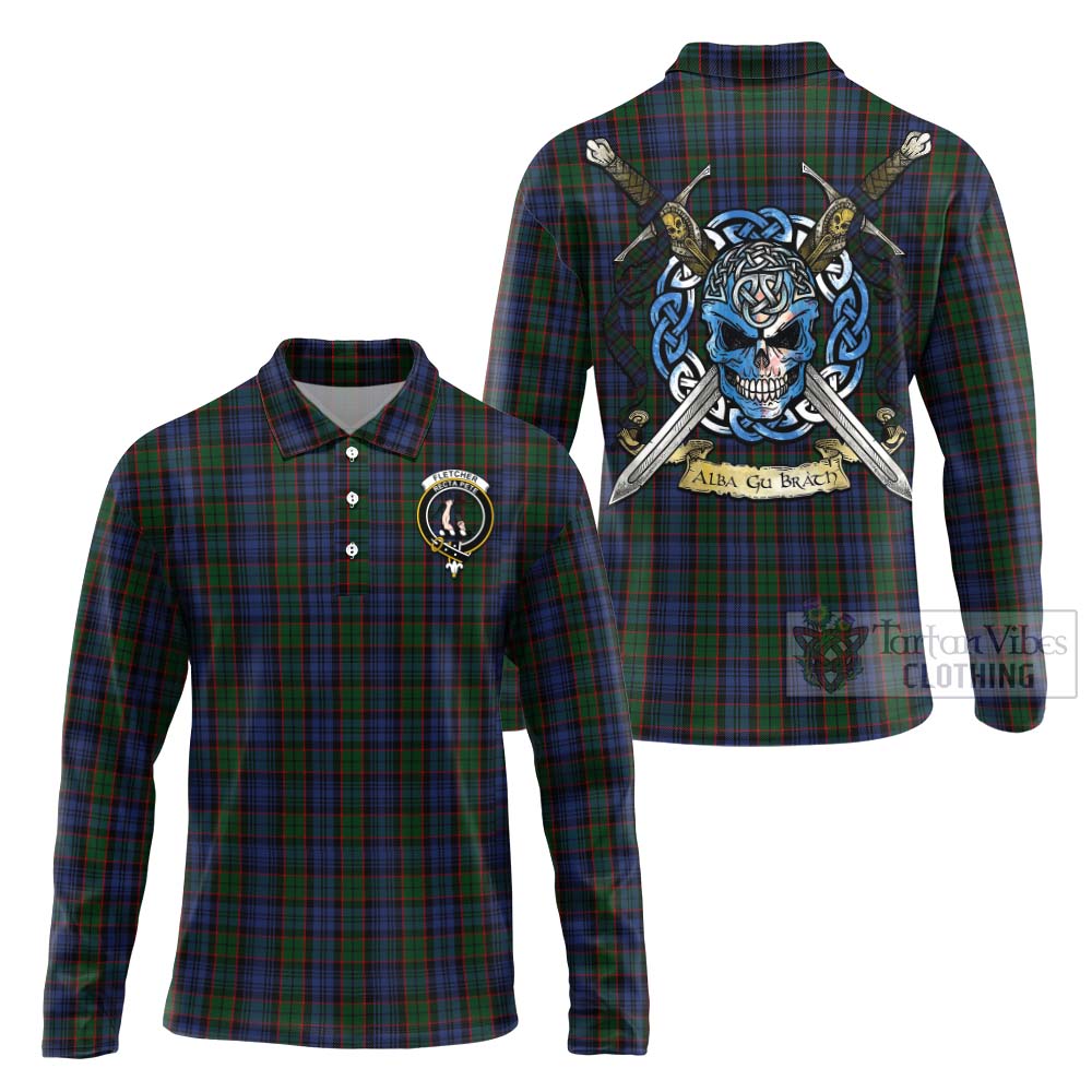 Tartan Vibes Clothing Fletcher Tartan Long Sleeve Polo Shirt with Family Crest Celtic Skull Style