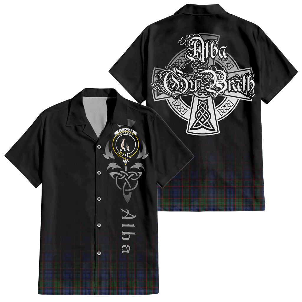 Tartan Vibes Clothing Fletcher Tartan Short Sleeve Button Up Featuring Alba Gu Brath Family Crest Celtic Inspired