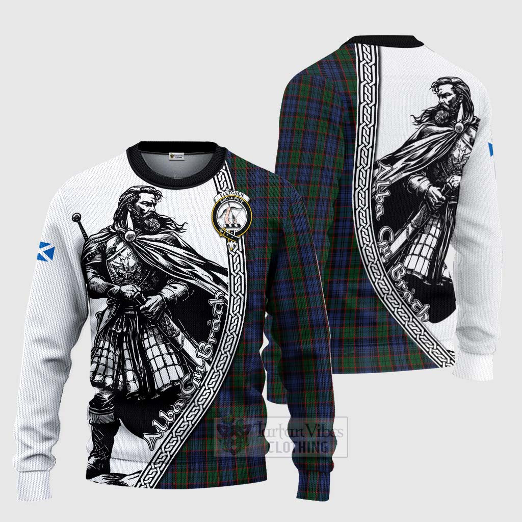 Tartan Vibes Clothing Fletcher Tartan Clan Crest Knitted Sweater with Highlander Warrior Celtic Style