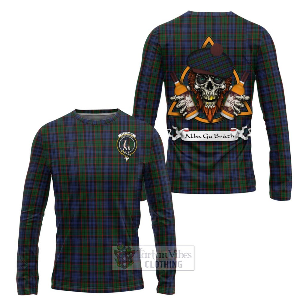 Tartan Vibes Clothing Fletcher Tartan Long Sleeve T-Shirt with Family Crest and Bearded Skull Holding Bottles of Whiskey