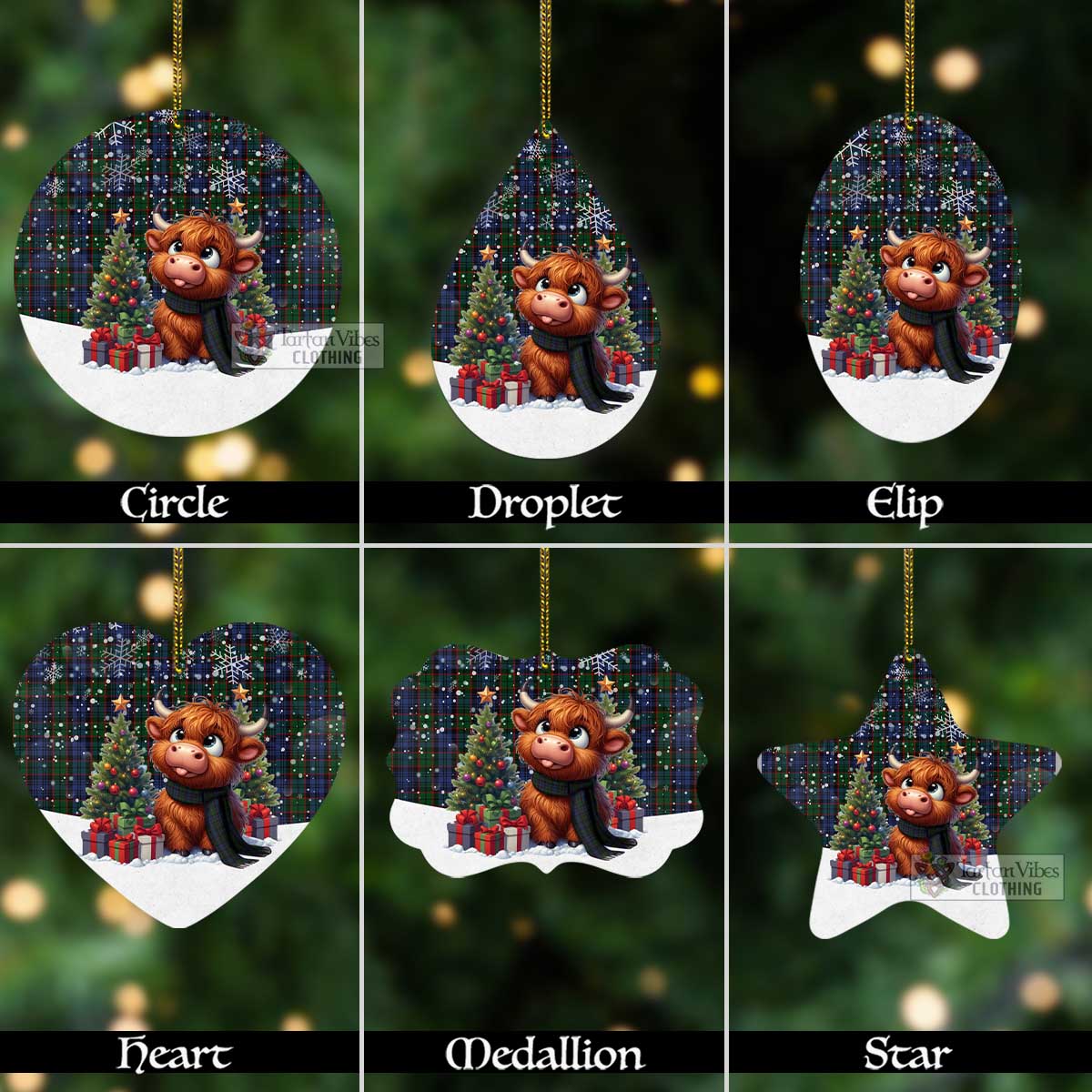 Tartan Vibes Clothing Fletcher Tartan Christmas Aluminium Ornament with Adorable Highland Coo