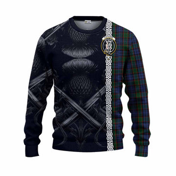 Fletcher Tartan Knitted Sweater with Family Crest Cross Sword Thistle Celtic Vibes