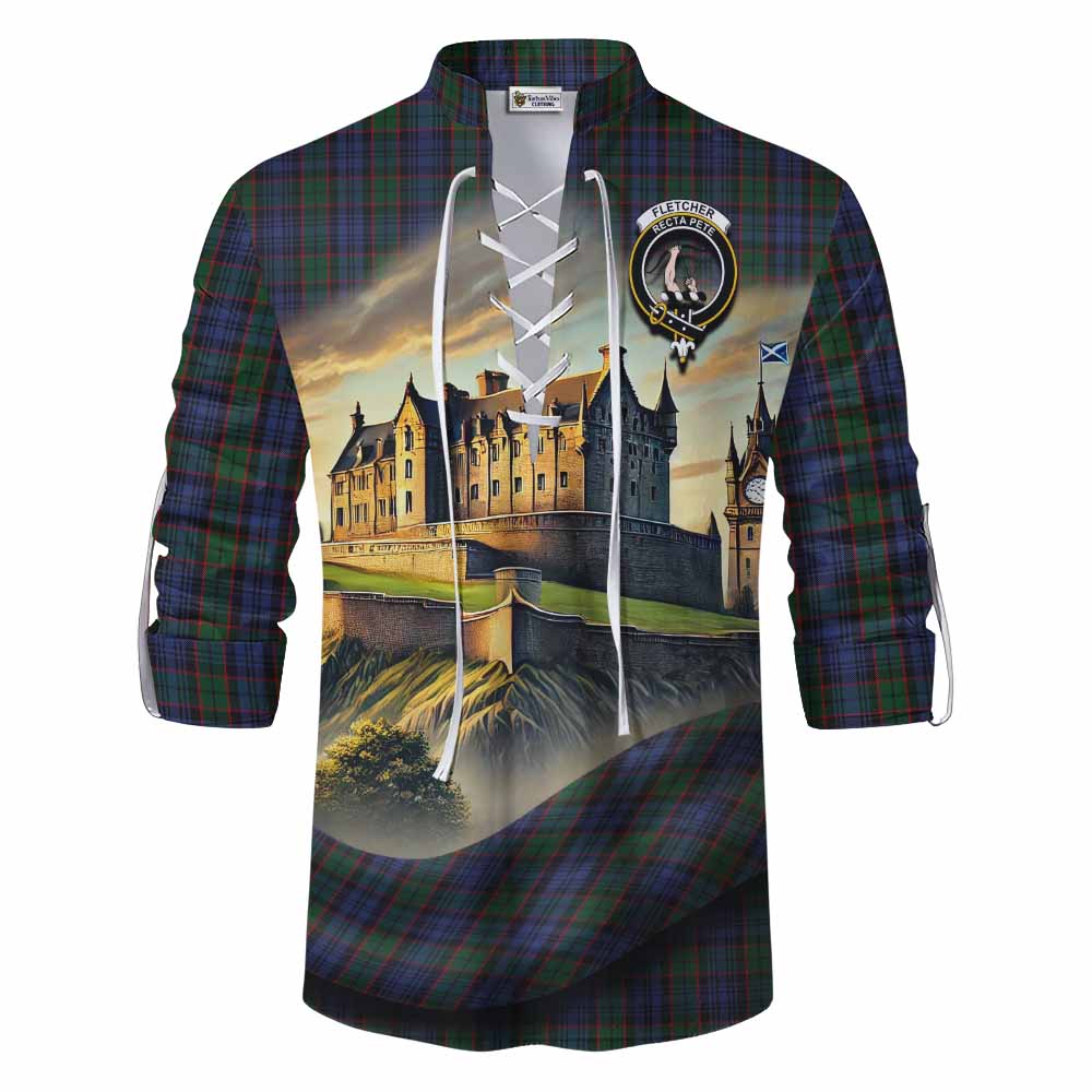 Fletcher Tartan Family Crest Ghillie Kilt Shirt with Scottish Ancient Castle Style Men - Tartan Vibes Clothing