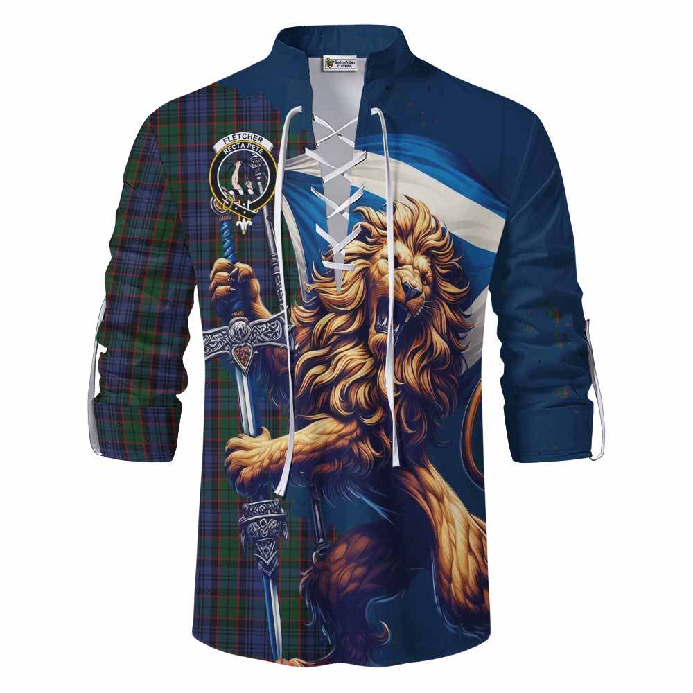 Tartan Vibes Clothing Fletcher Tartan Family Crest Ghillie Kilt Shirt with Scottish Majestic Lion