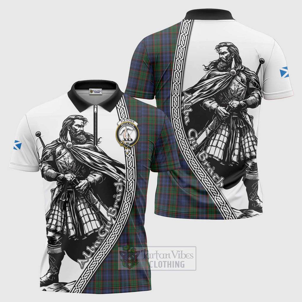 Tartan Vibes Clothing Fletcher Tartan Clan Crest Zipper Polo Shirt with Highlander Warrior Celtic Style